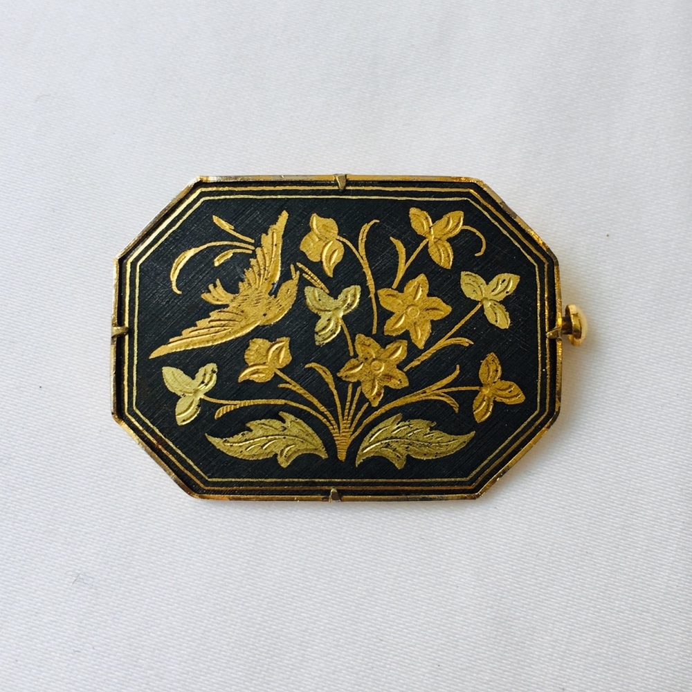 Goldtone Black Etched Bird Vintage Oblong Brooch